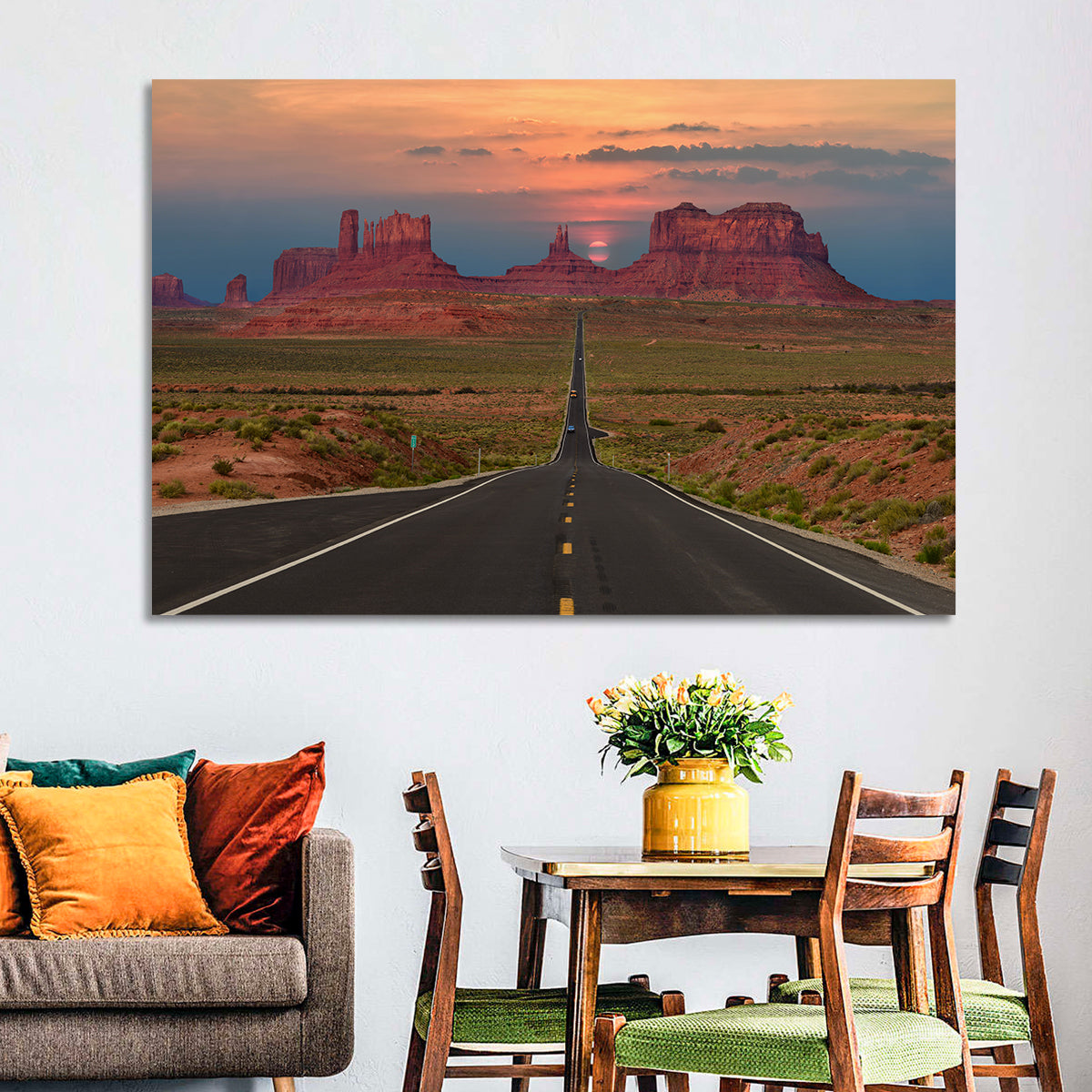 Tribal Park Monument Valley Sunset Wall Art in a room, landscape