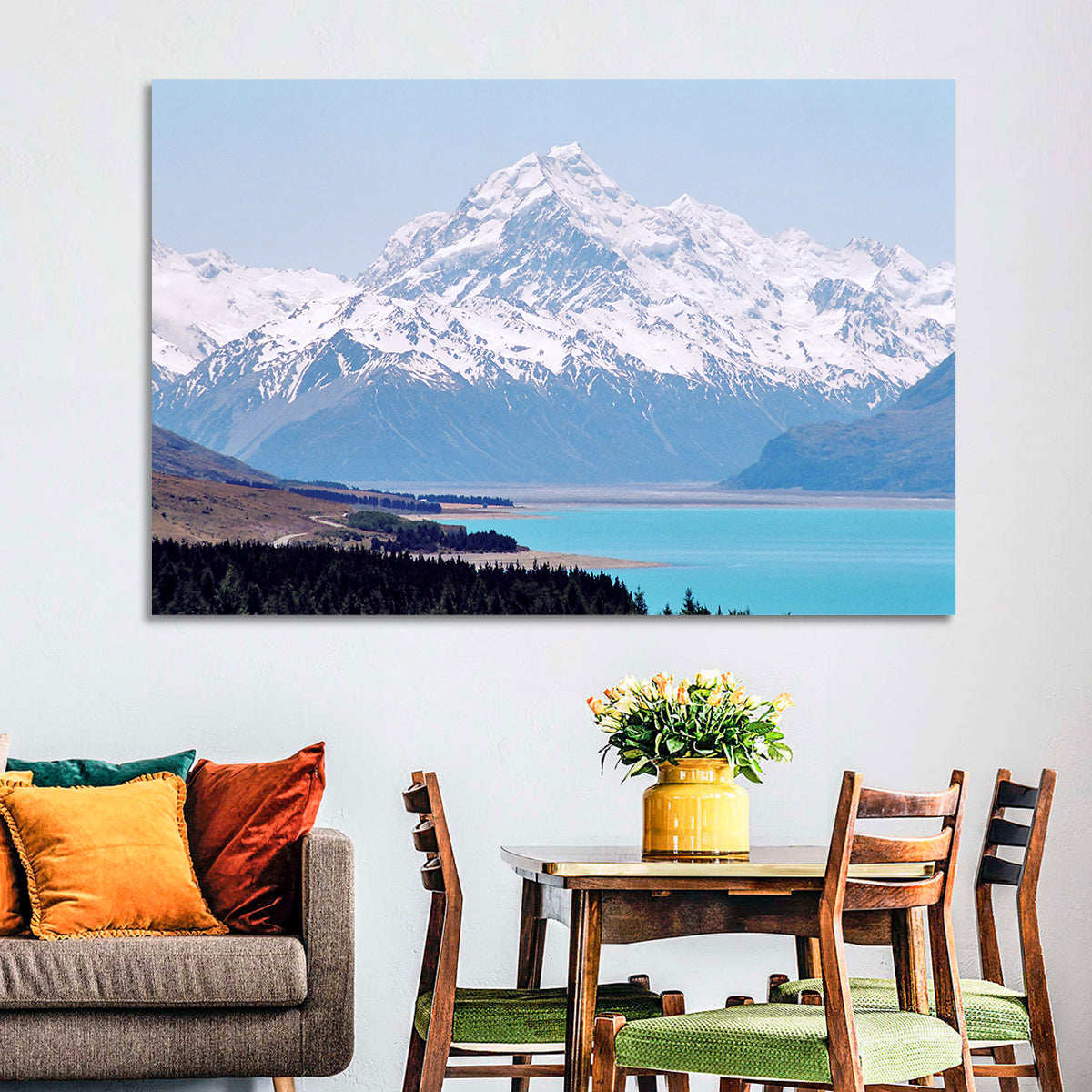 Lake Pukaki and Aoraki Mount Cook Wall Art in a room, landscape