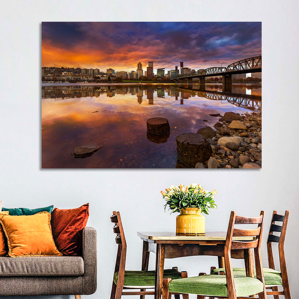 Portland Skyline at Sunset Wall Art in a room, landscape