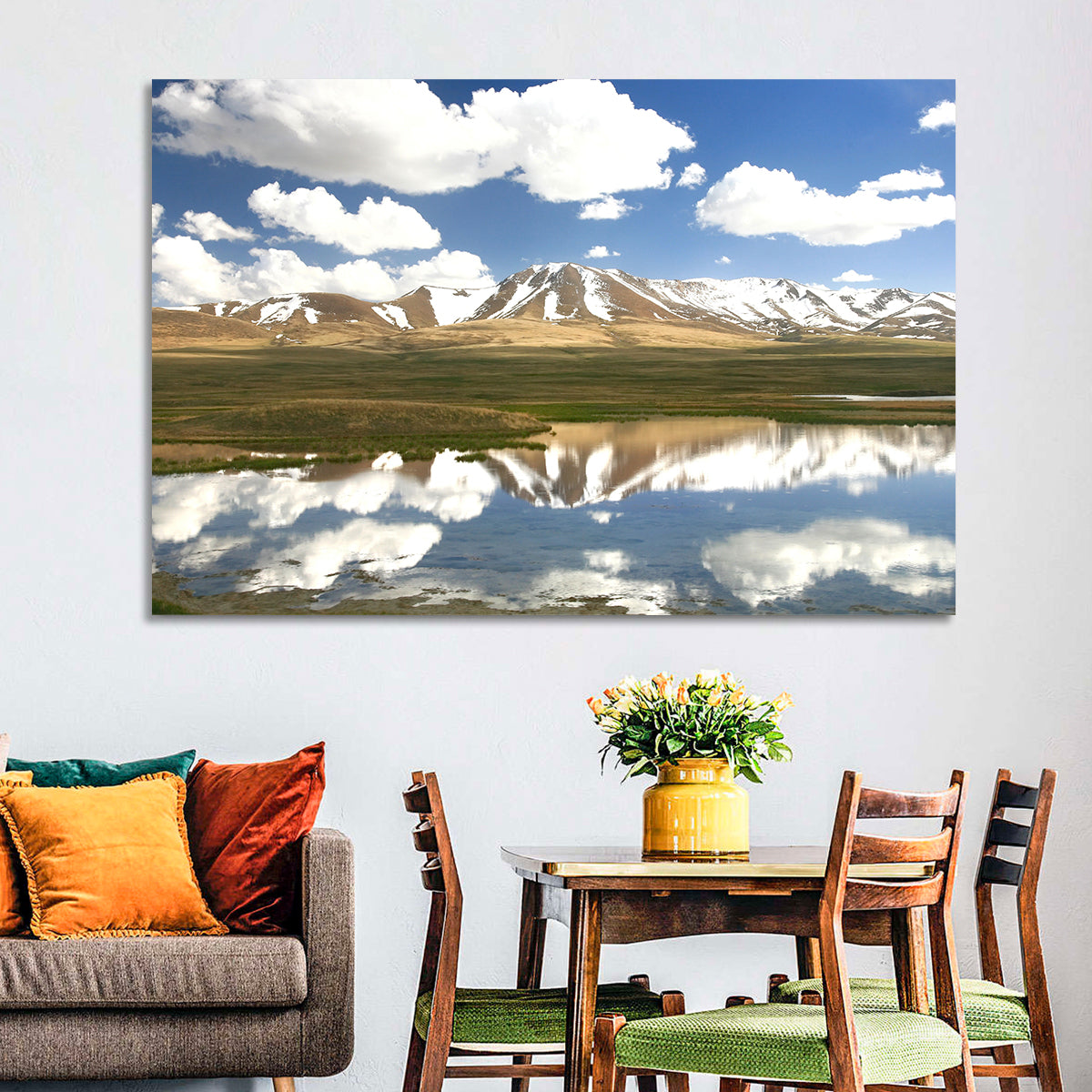 Song Kul Lake Reflection Wall Art in a room, landscape