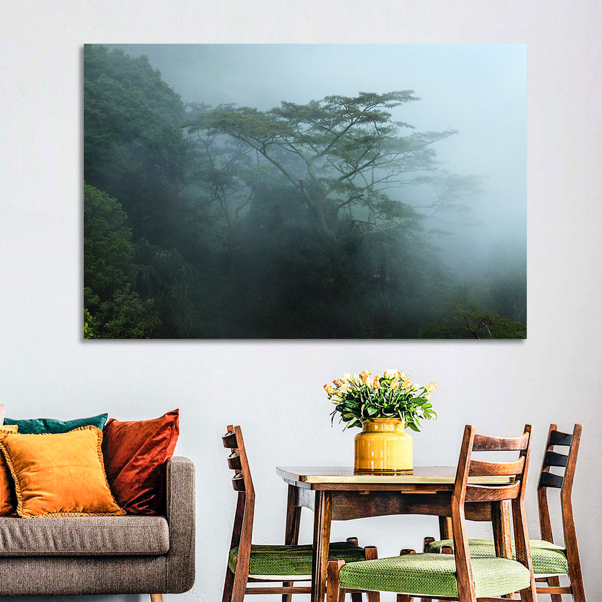 Misty Rainforest Canopy Wall Art in a room, landscape