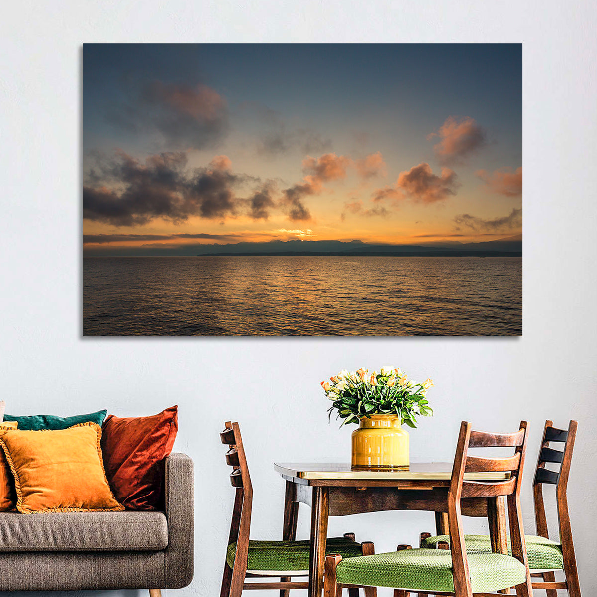 Lake Leman Golden Sunset Wall Art in a room, landscape