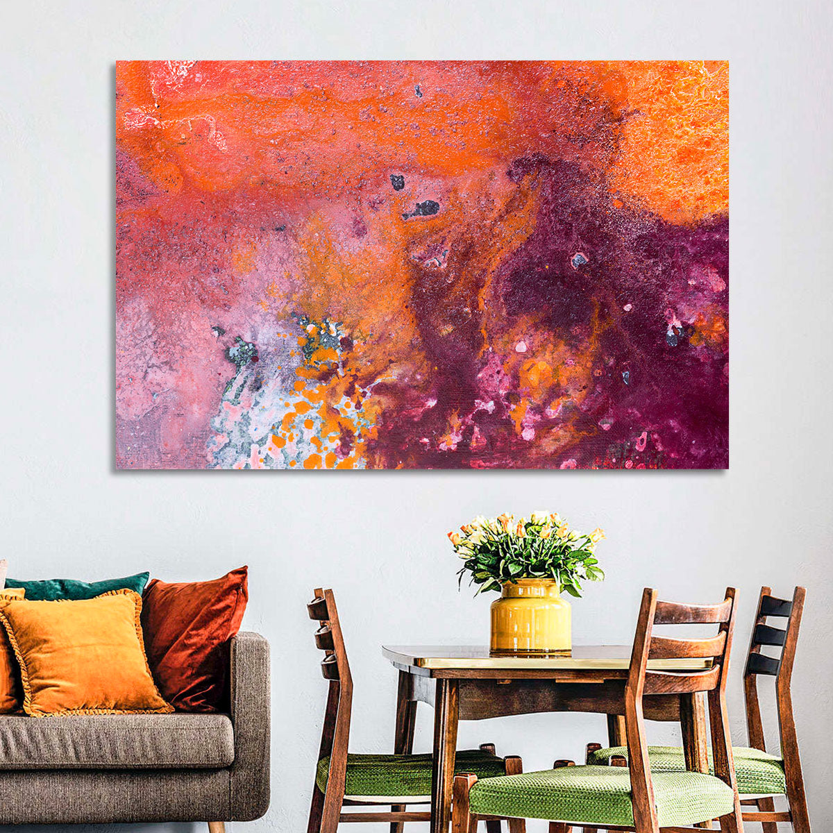 Magenta Orange Color Flow Wall Art in a room, landscape