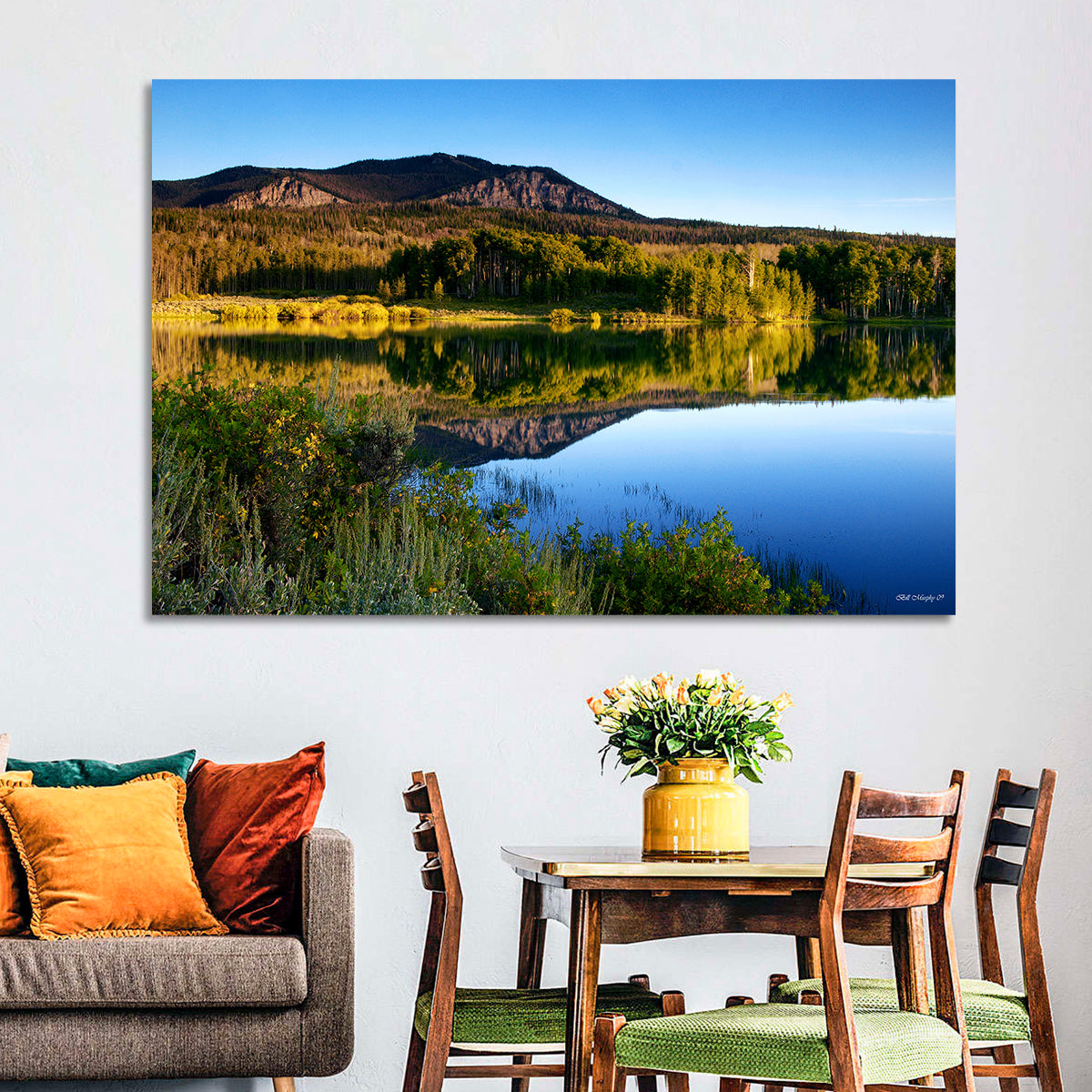 Golden Hour Mountain Lake Wall Art in a room, landscape