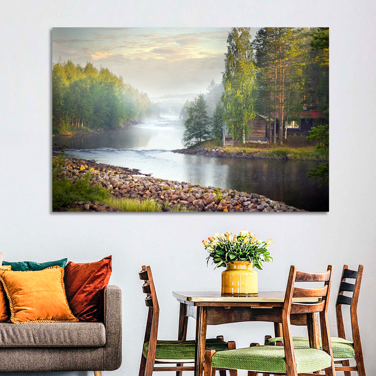 Misty River with Red Roof Cabin Wall Art in a room, landscape