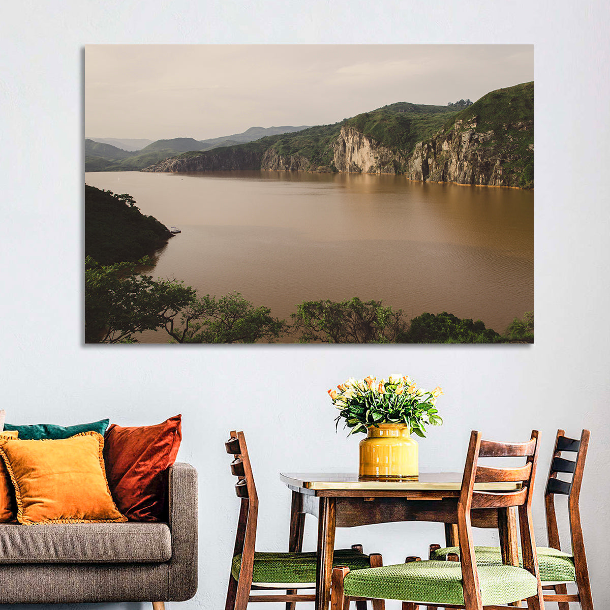 Lake Nyos Cliff View Wall Art in a room, landscape