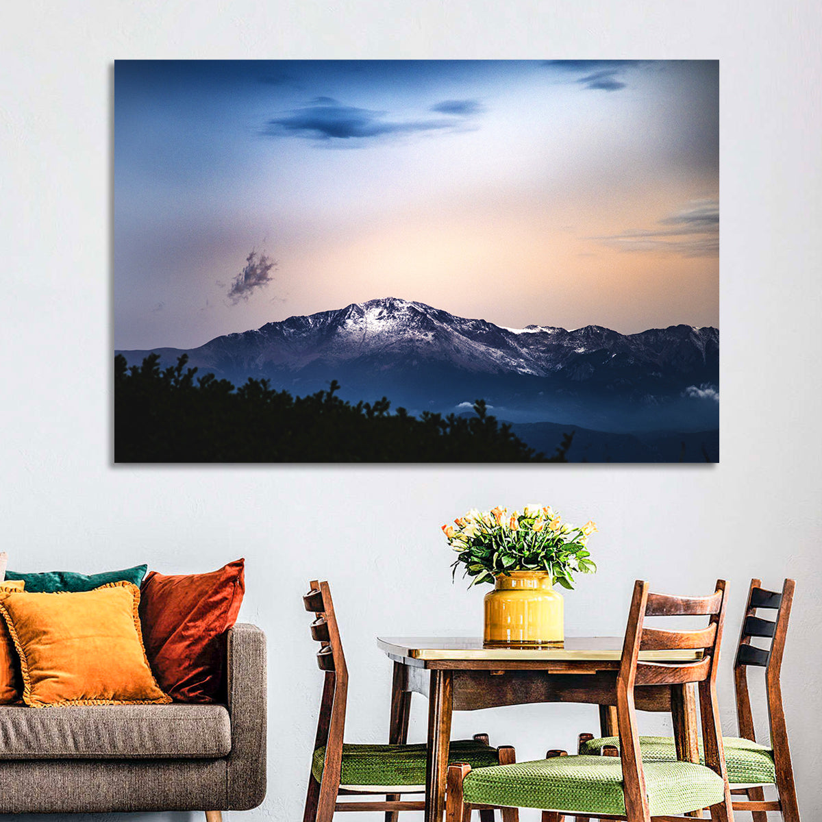 Snow-capped Pikes Peak at Dusk Wall Art in a room, landscape