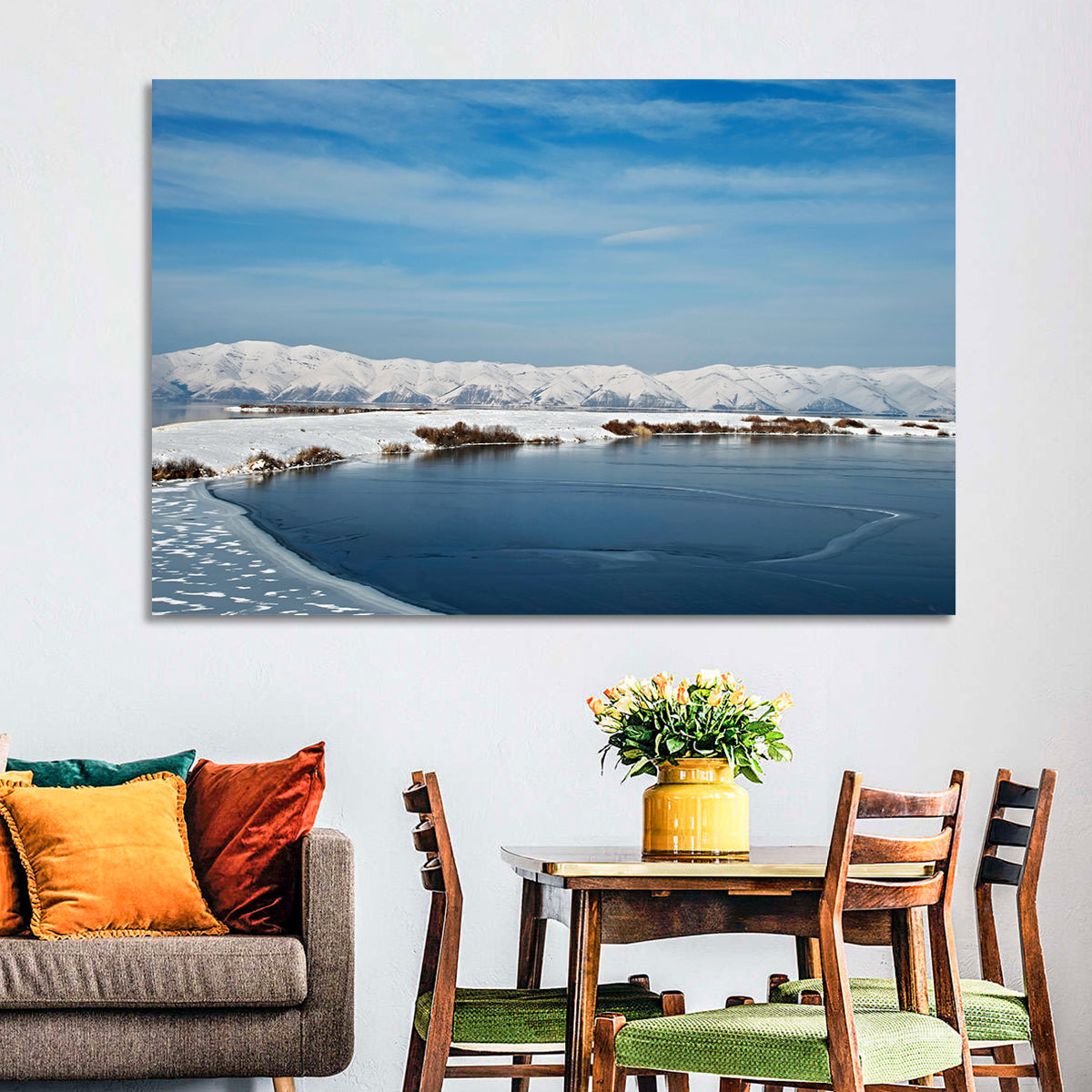 Lake Sevan Winter Landscape Wall Art in a room, landscape