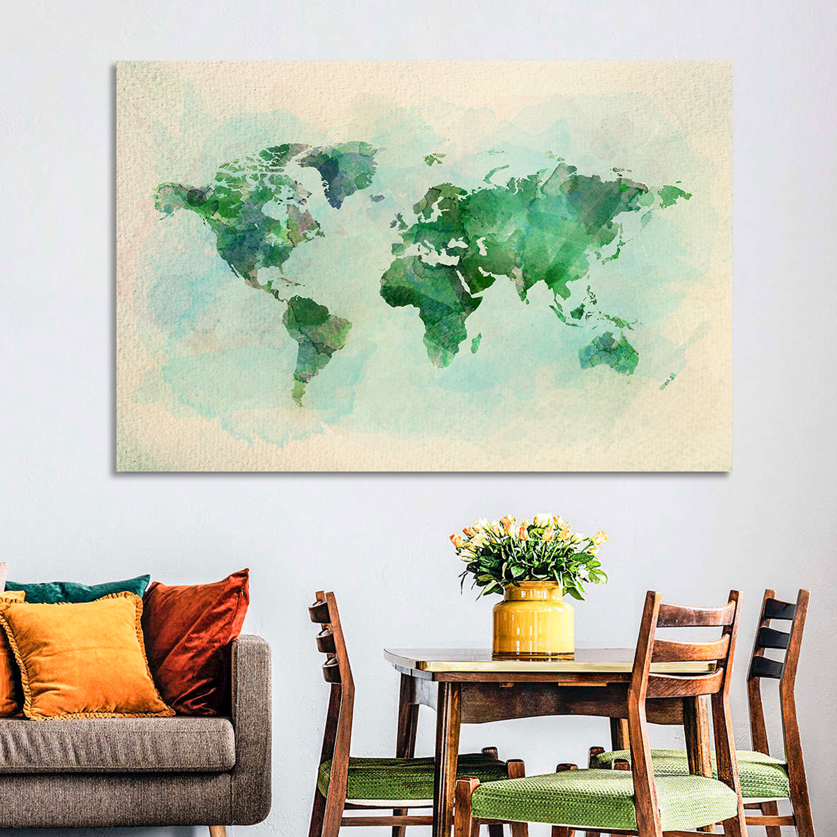 Green Watercolor World Map Wall Art in a room, landscape