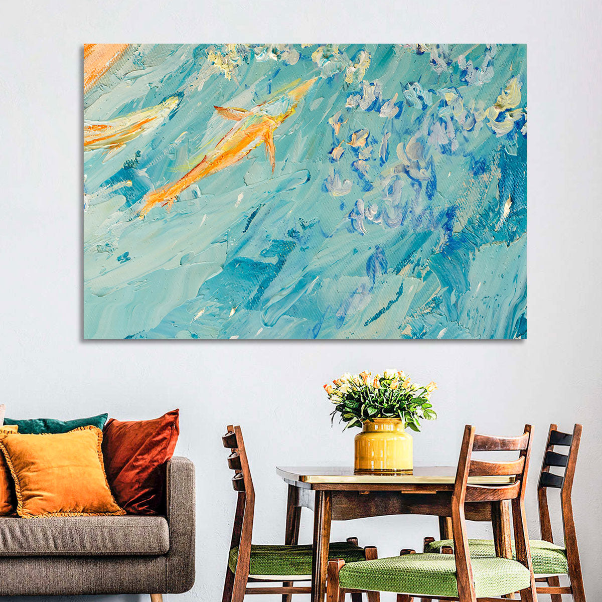 Koi in Blue Abstract Wall Art in a room, landscape