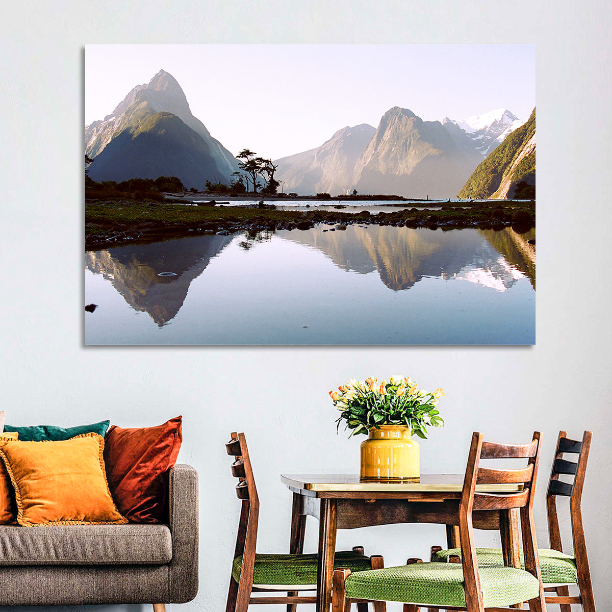 Mitre Peak Reflection at Milford Sound Wall Art in a room, landscape