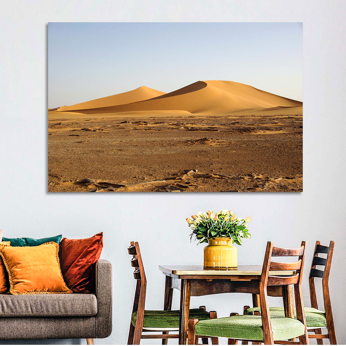 Golden Hour Desert Dunes Wall Art in a room, landscape