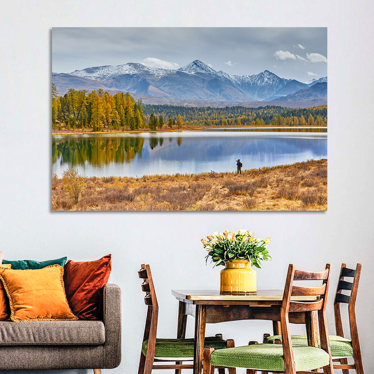 Autumn Mountain Lake Reflection Wall Art in a room, landscape