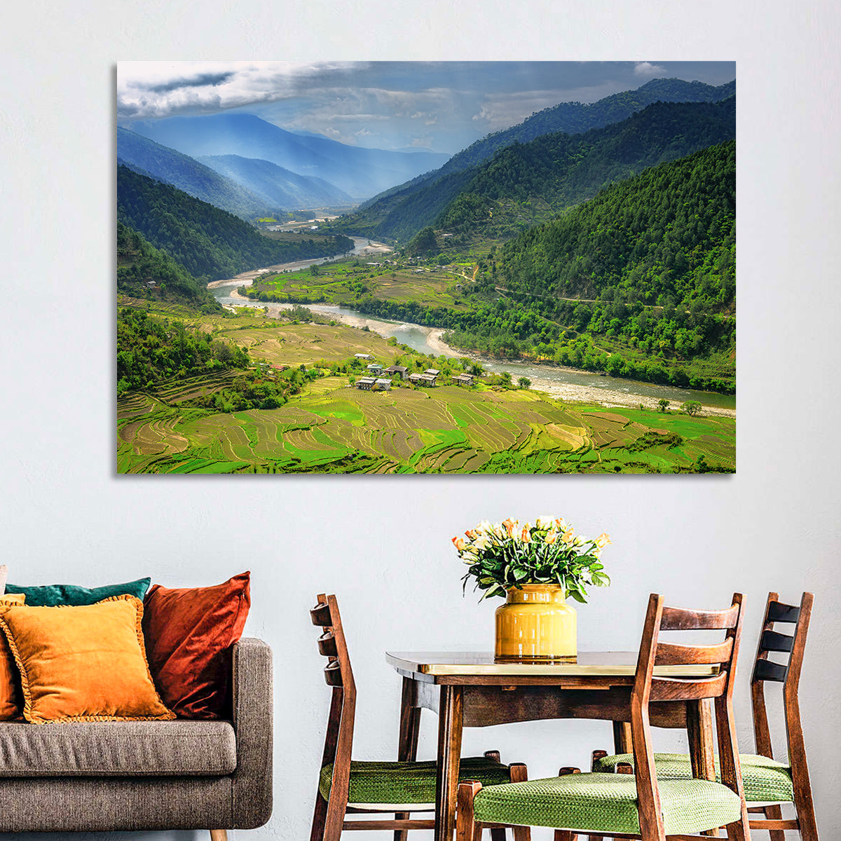 Punakha River Valley with Terraced Rice Fields Wall Art in a room, landscape