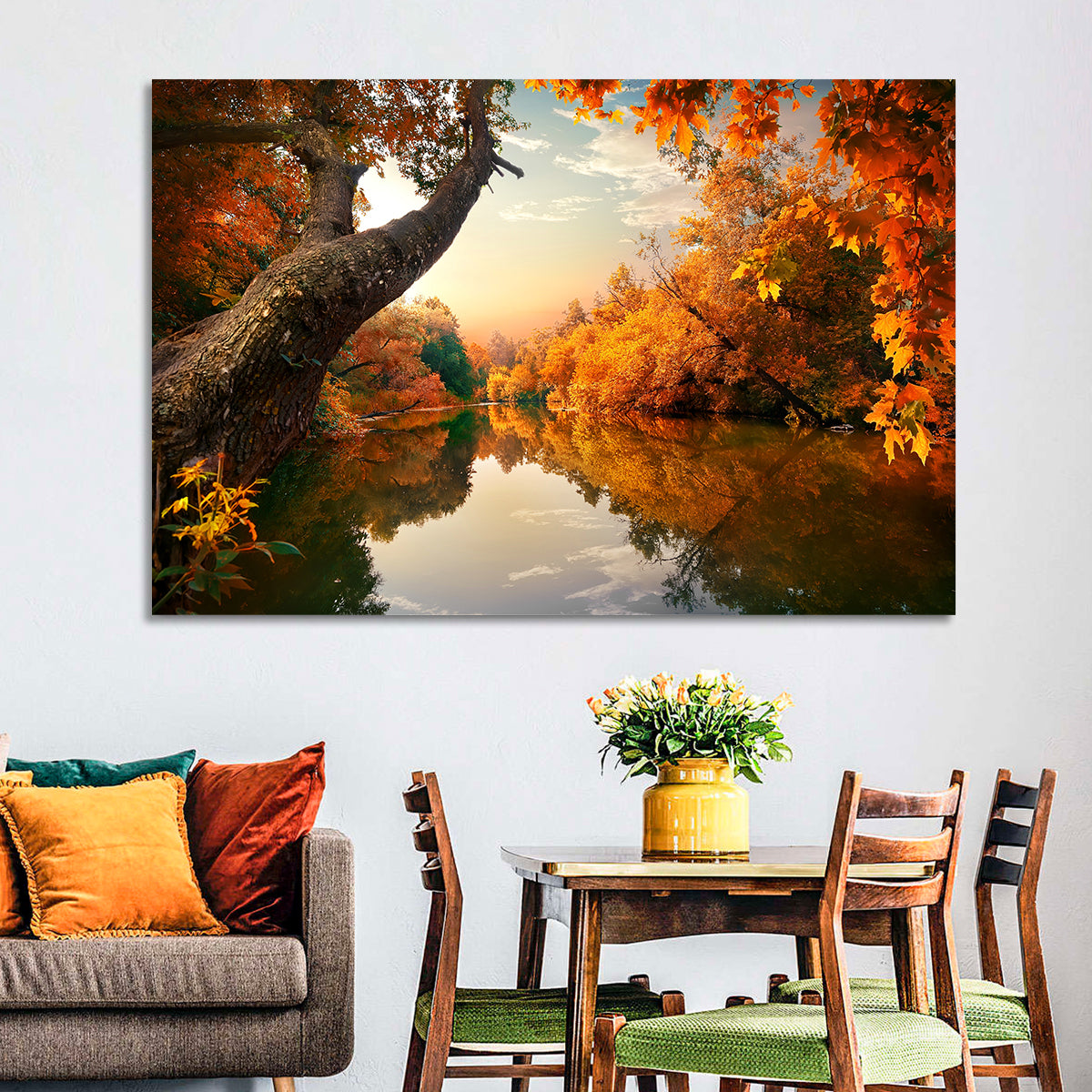 Golden Autumn River Reflections Wall Art in a room, landscape
