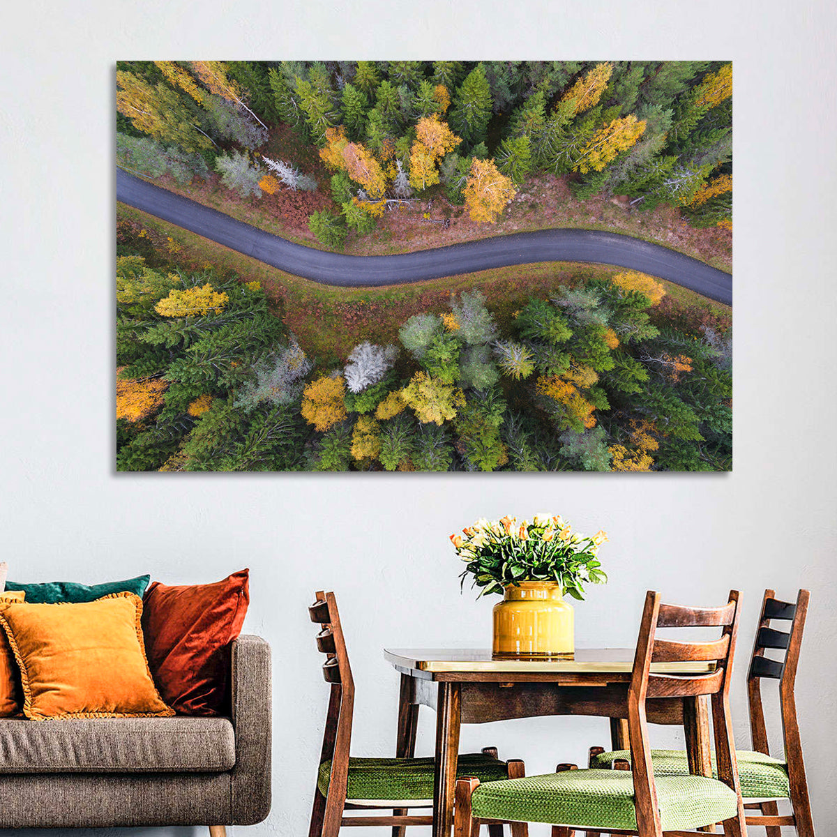 Aerial Autumn Forest Road Wall Art in a room, landscape
