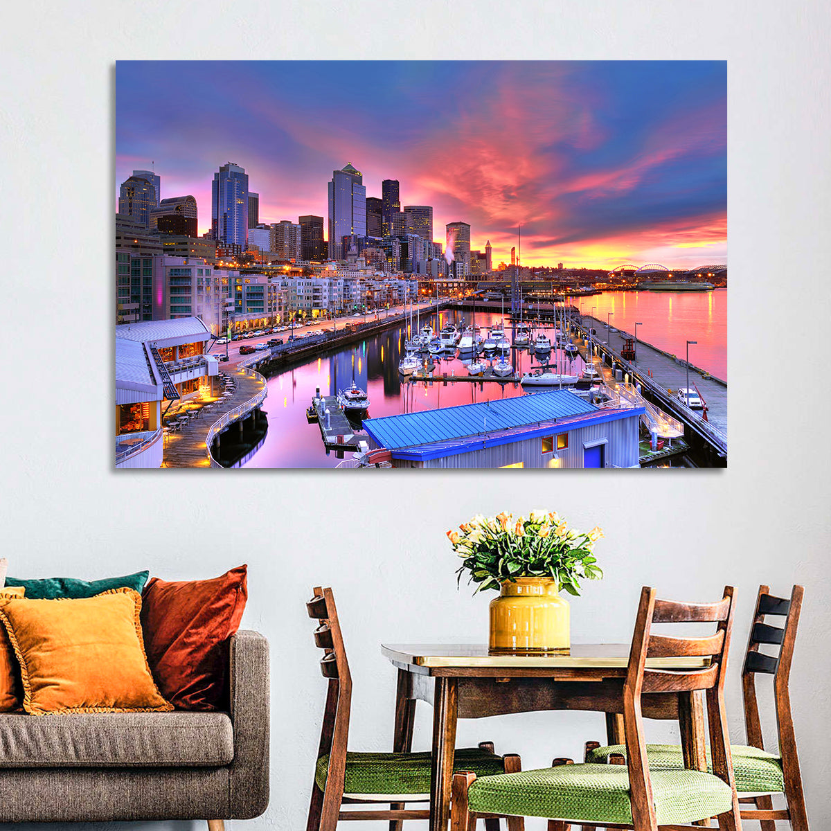 Seattle Skyline at Sunset Wall Art in a room, landscape
