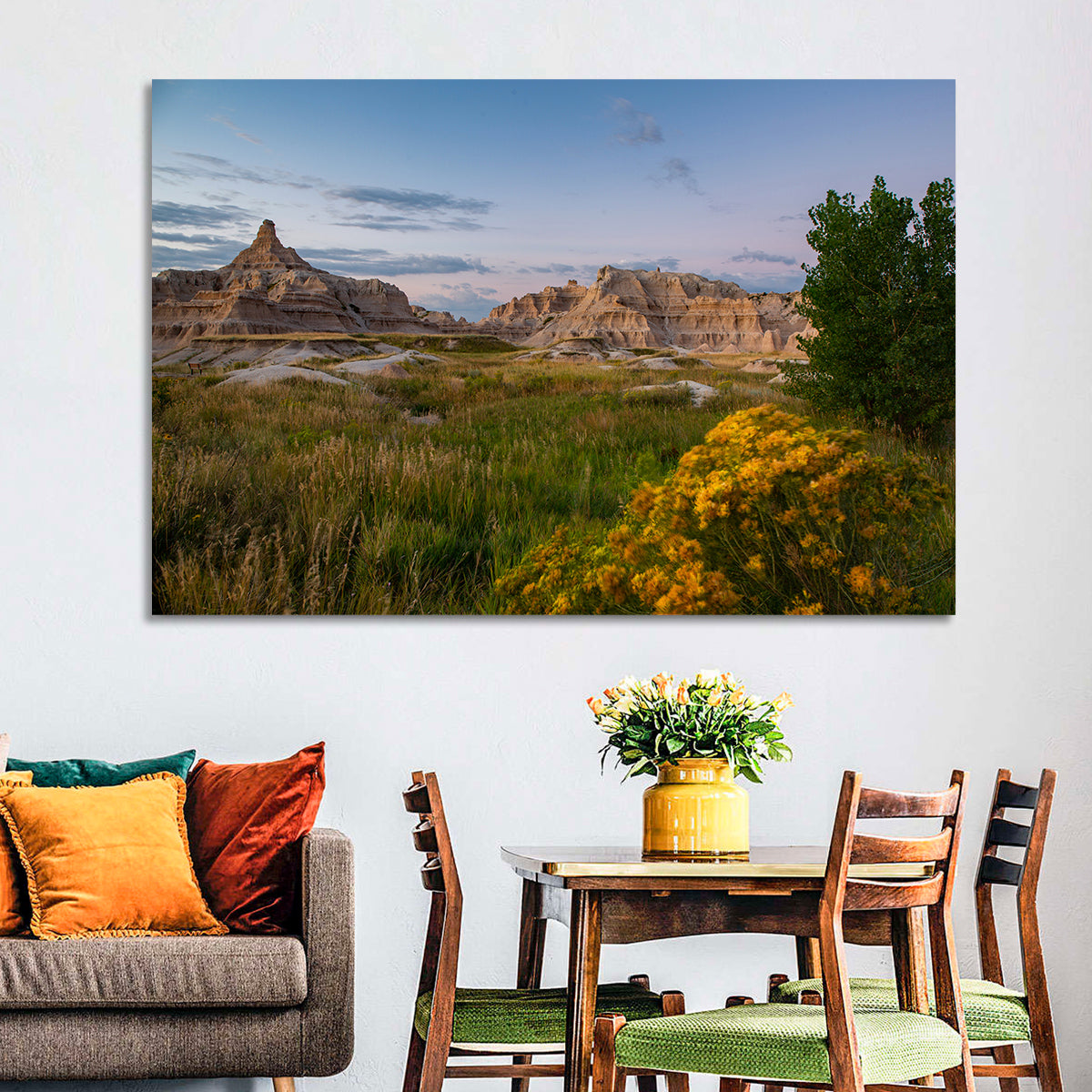 Badlands Golden Hour Meadow Wall Art in a room, landscape