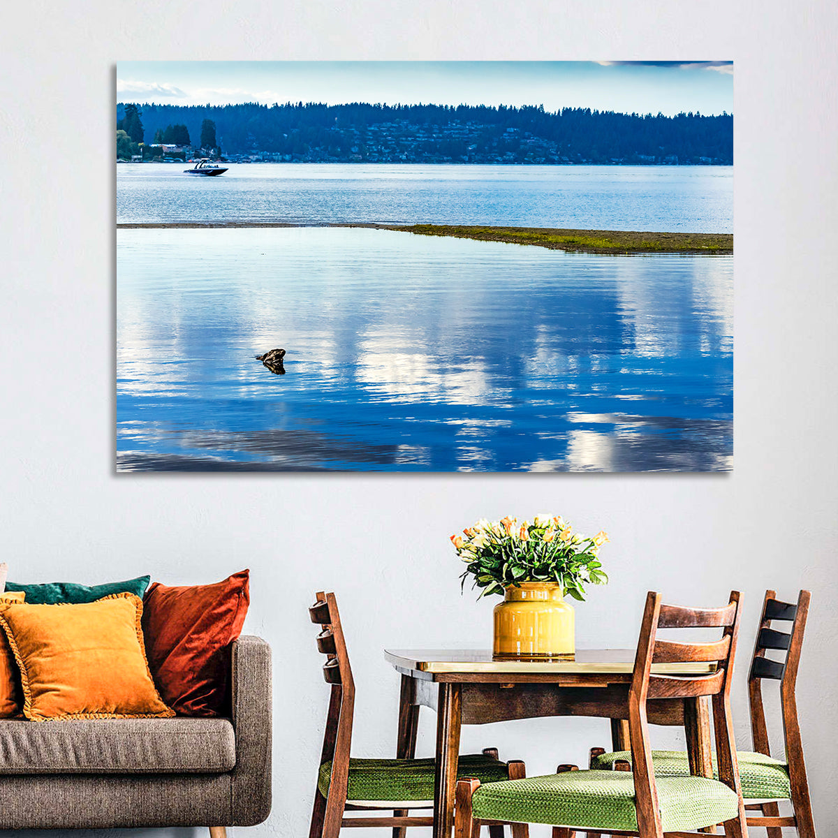 Lake Sammamish Reflection Wall Art in a room, landscape