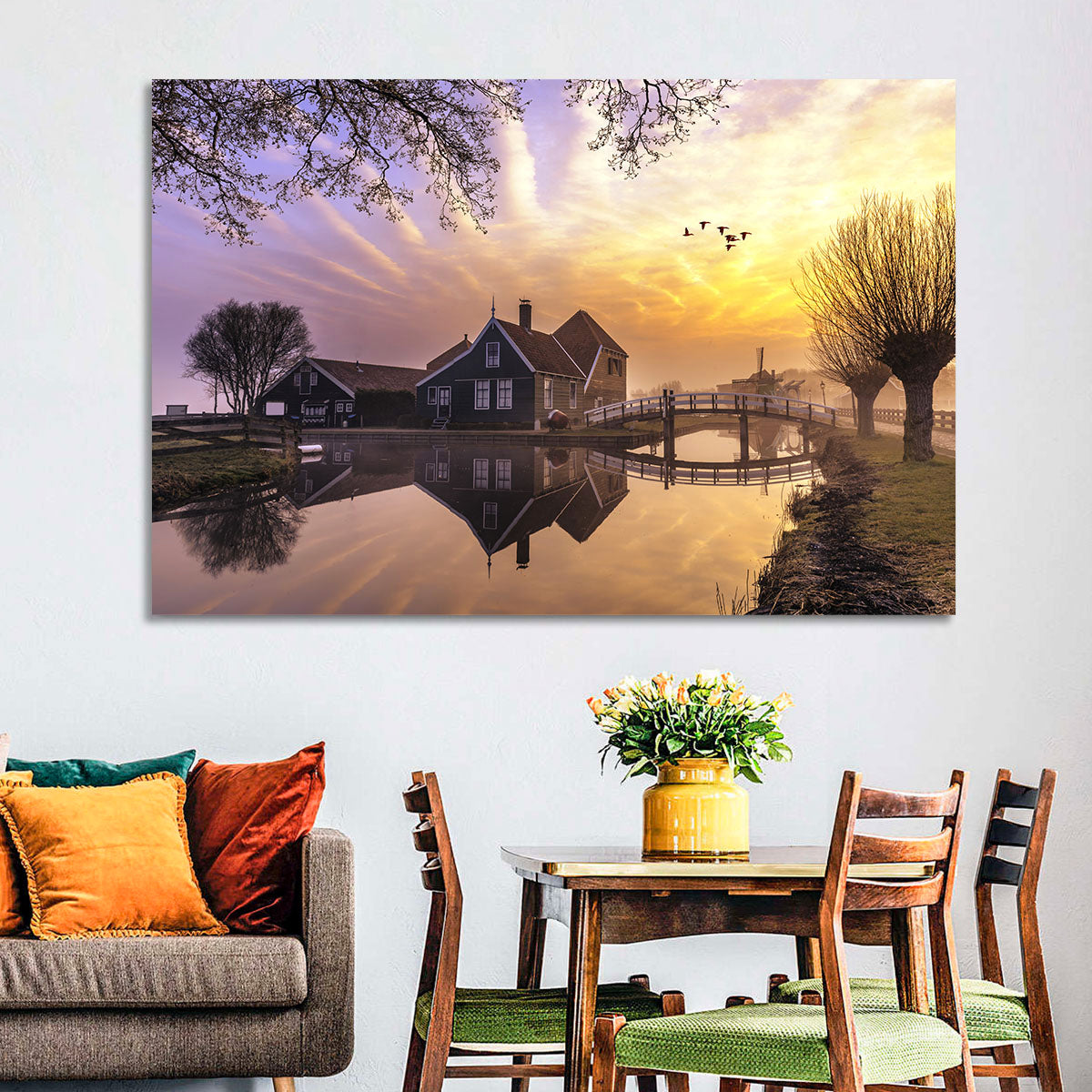 Dutch Canal House at Sunset Wall Art in a room, landscape