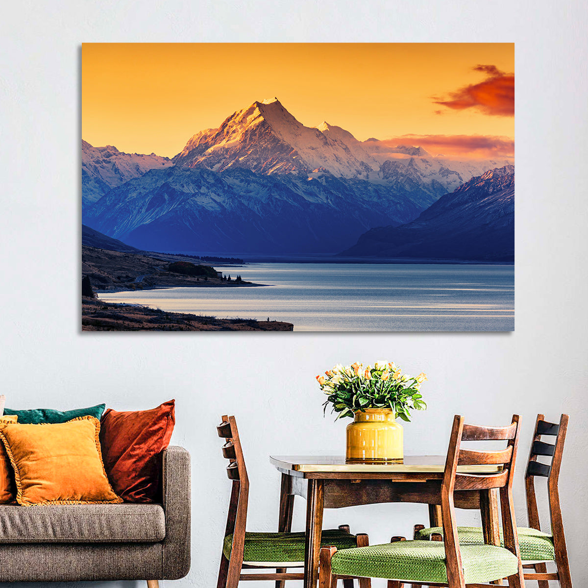 Aoraki Mount Cook Over Lake Pukaki Wall Art in a room, landscape