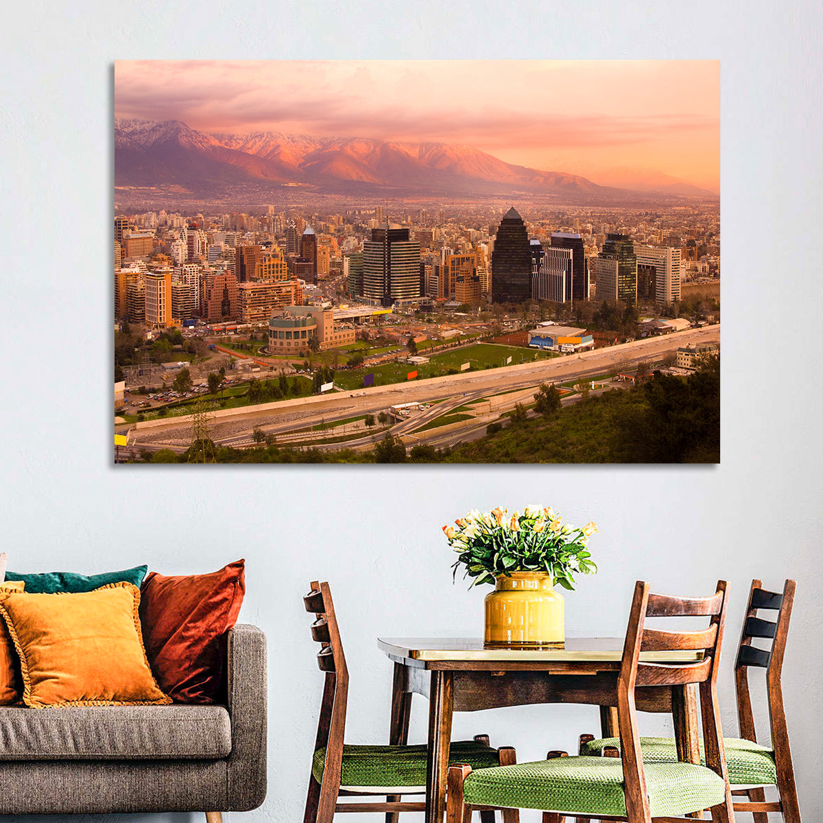 Santiago Skyline at Sunset Wall Art in a room, landscape
