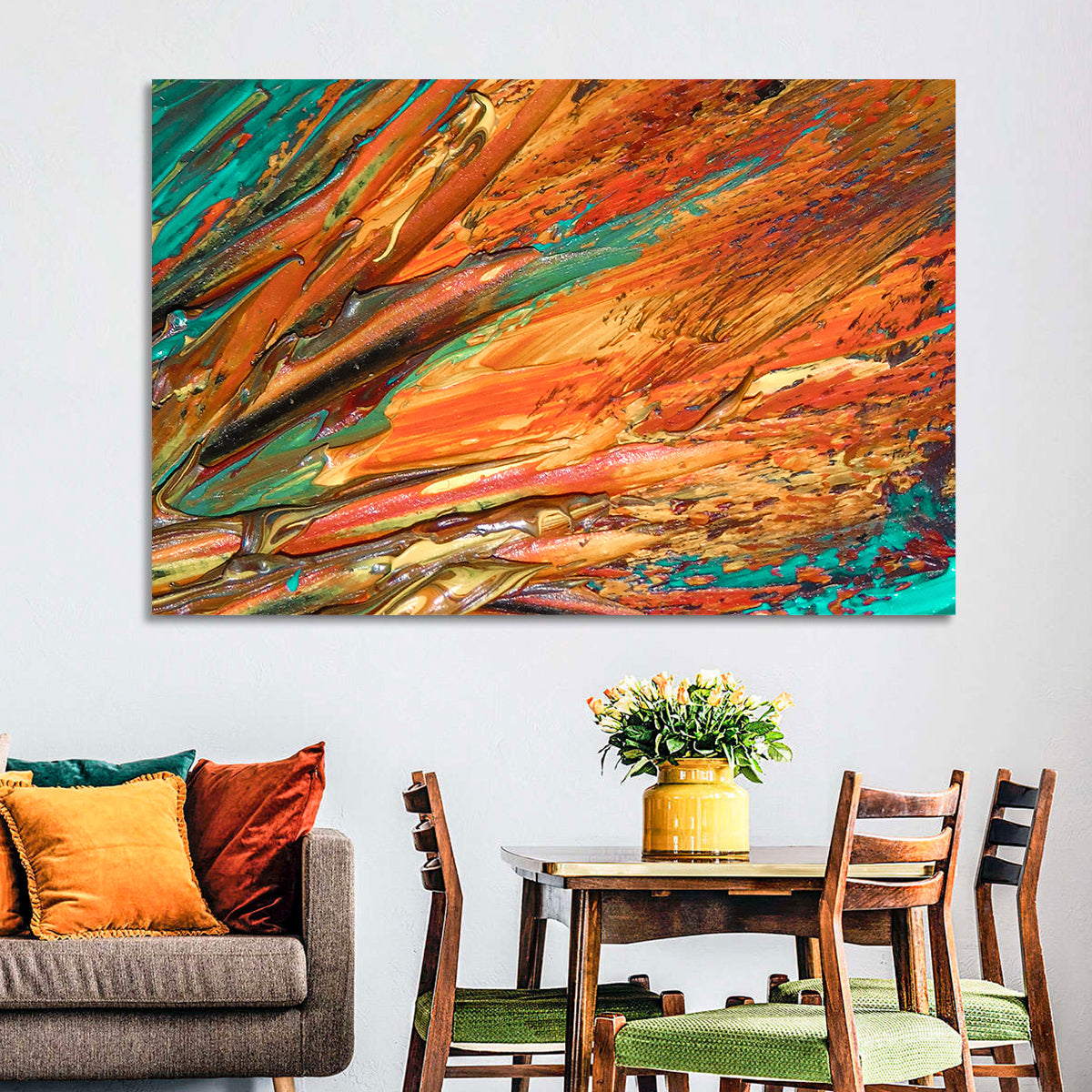 Flowing River Abstract in Orange and Teal Wall Art in a room, landscape
