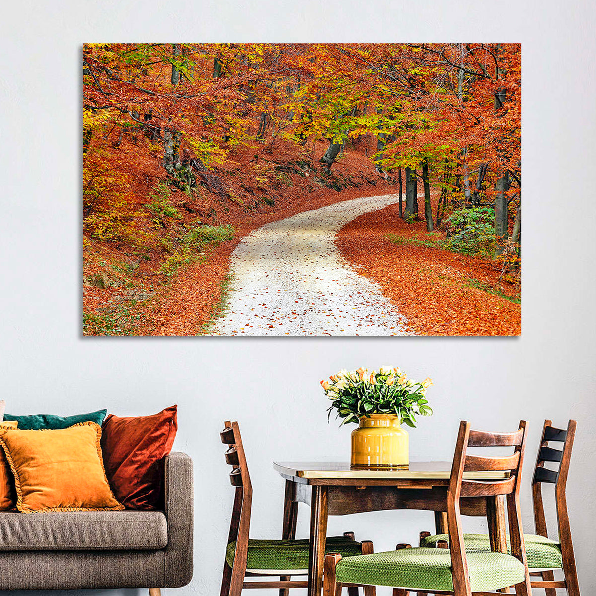 Misty Gravel Path Through Autumn Trees Wall Art in a room, landscape