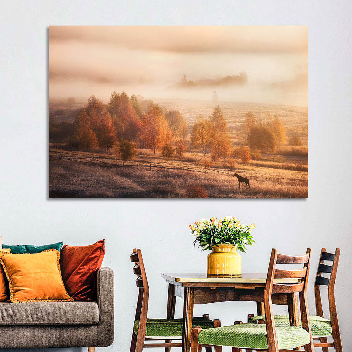 Autumn Morning Horse Silhouette Wall Art in a room, landscape