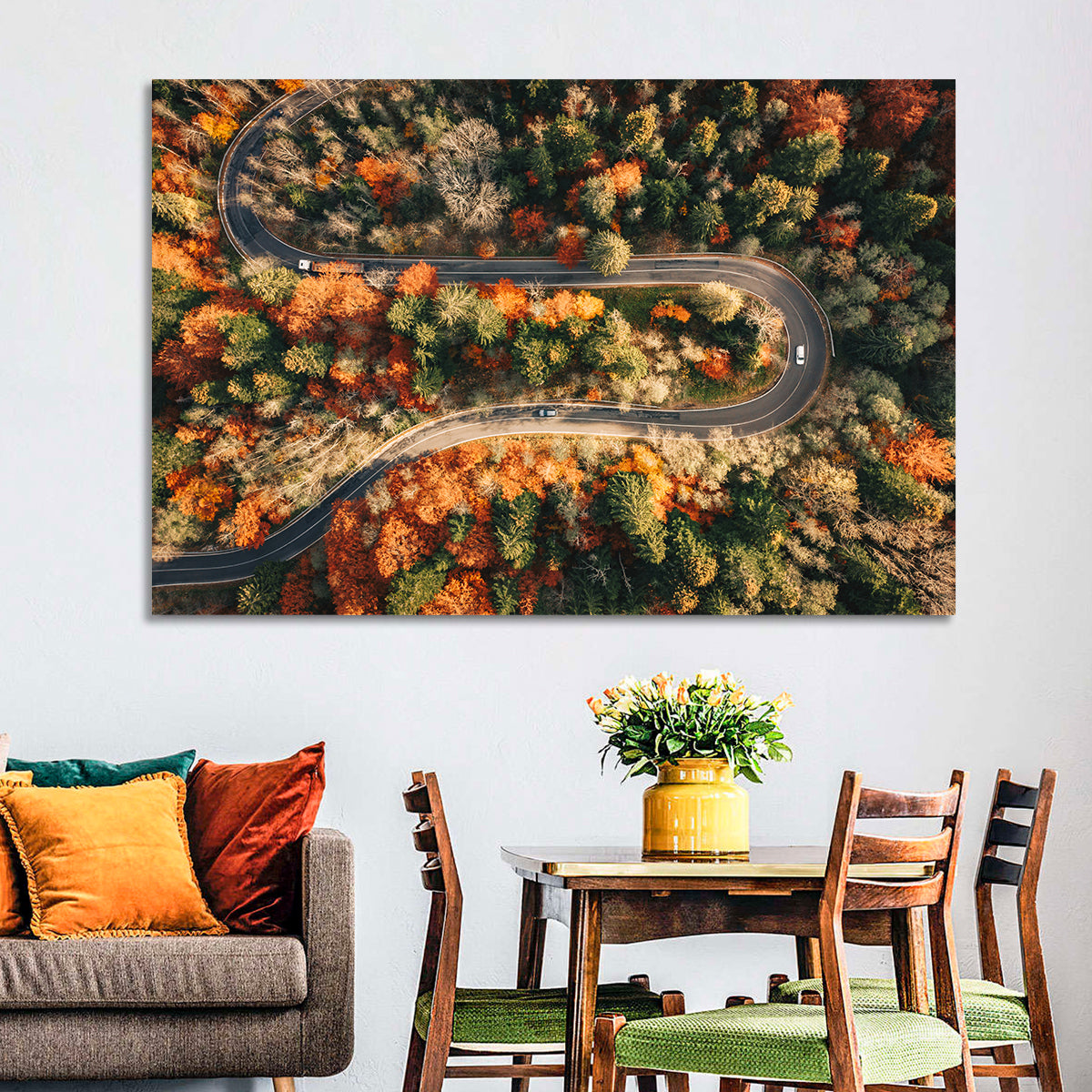 Aerial Winding Autumn Forest Road Wall Art in a room, landscape