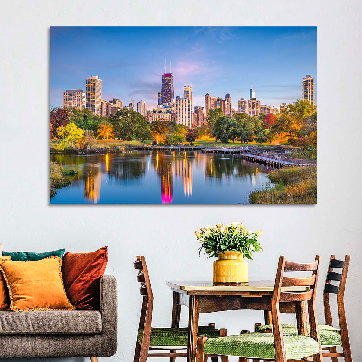 Chicago Skyline at Twilight Wall Art in a room, landscape