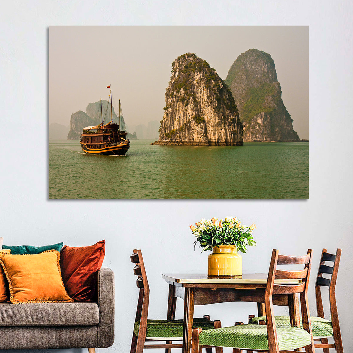 Ha Long Bay Junk Boat and Karst Cliffs Wall Art in a room, landscape