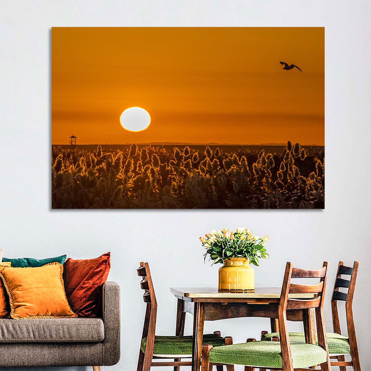 Golden Sunrise Over Reeds Wall Art in a room, landscape