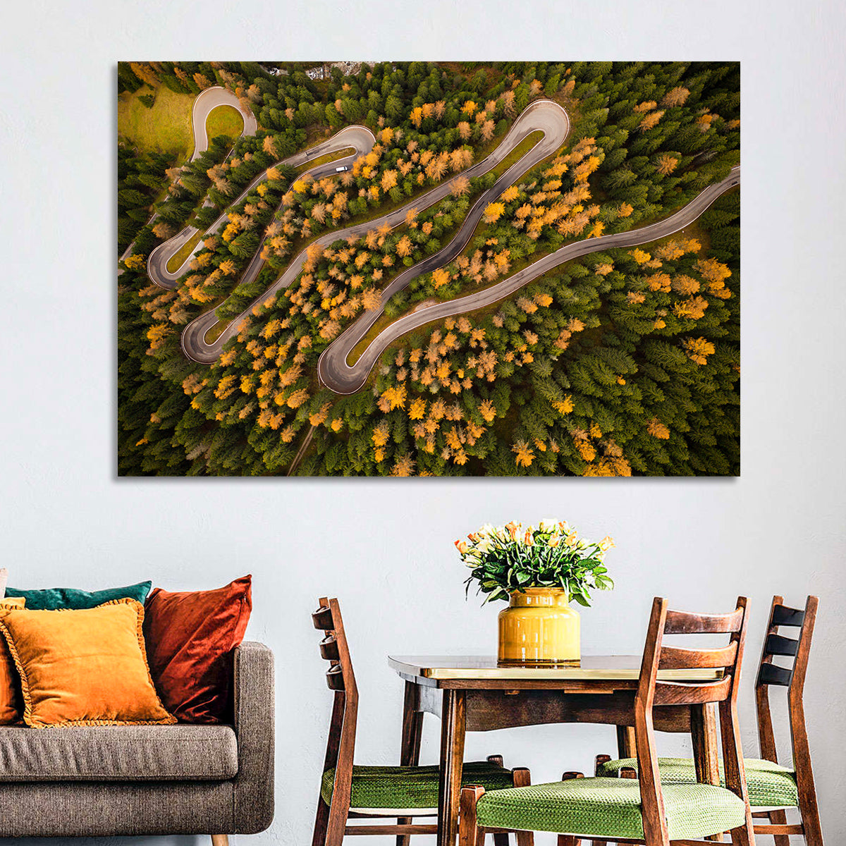 Aerial Curvy Forest Road Wall Art in a room, landscape