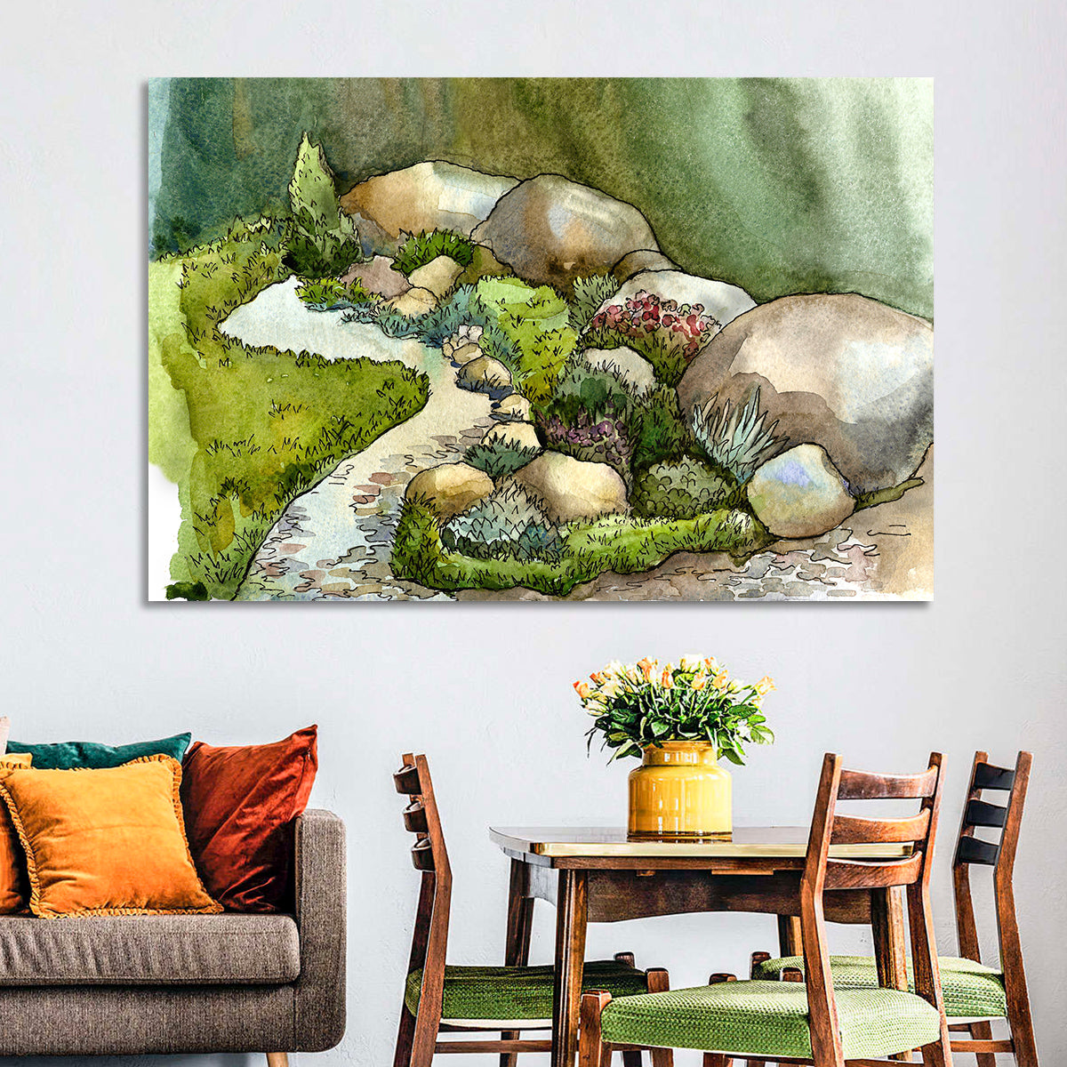 Watercolor Rock Garden Stream Wall Art in a room, landscape