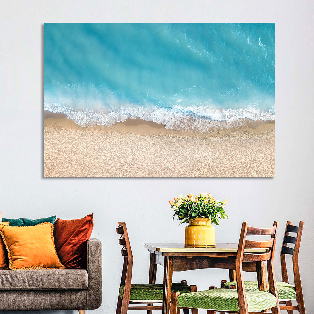 Top-down Turquoise Beachscape Wall Art in a room, landscape