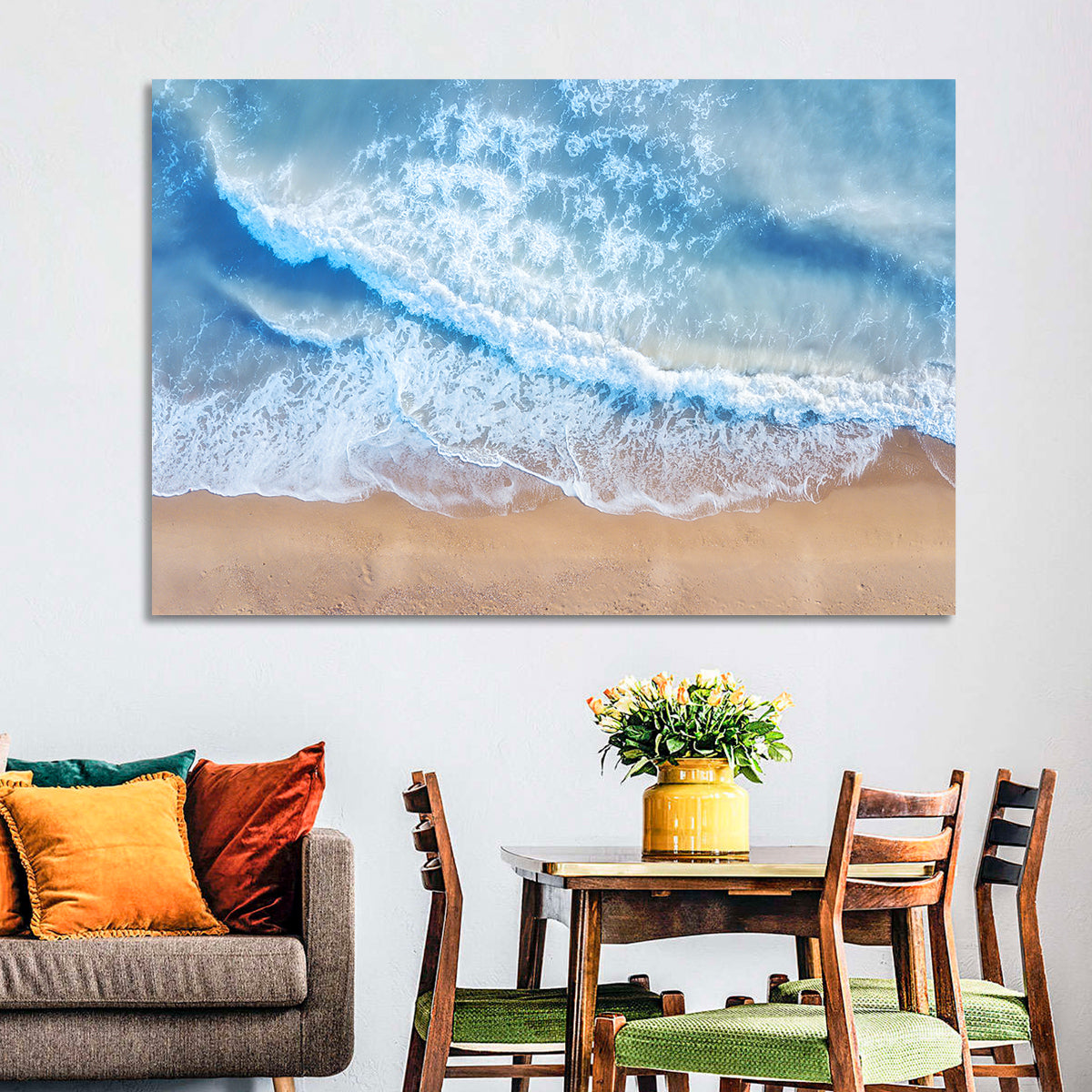 Aerial Turquoise Beach Waves Wall Art in a room, landscape