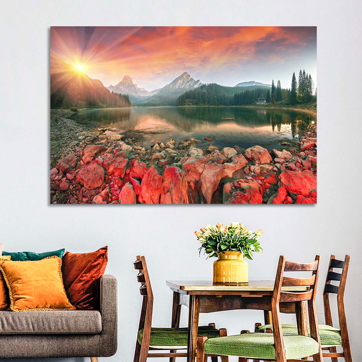 Obersee Sunrise Over Red Rocks Wall Art in a room, landscape