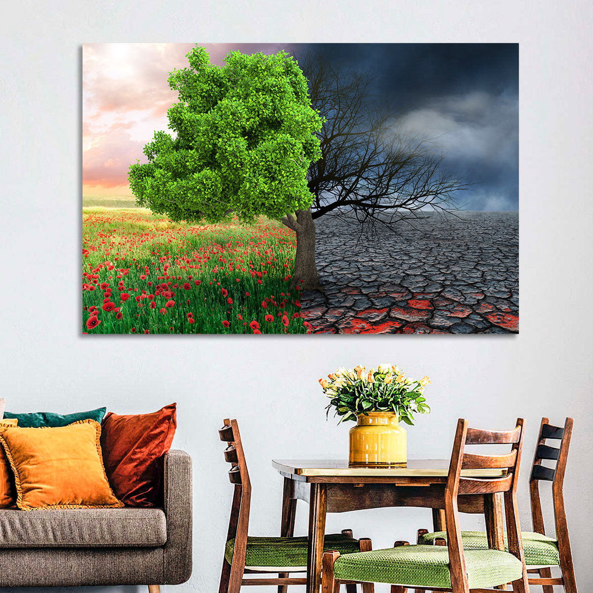 Split Climate Landscape Wall Art in a room, landscape