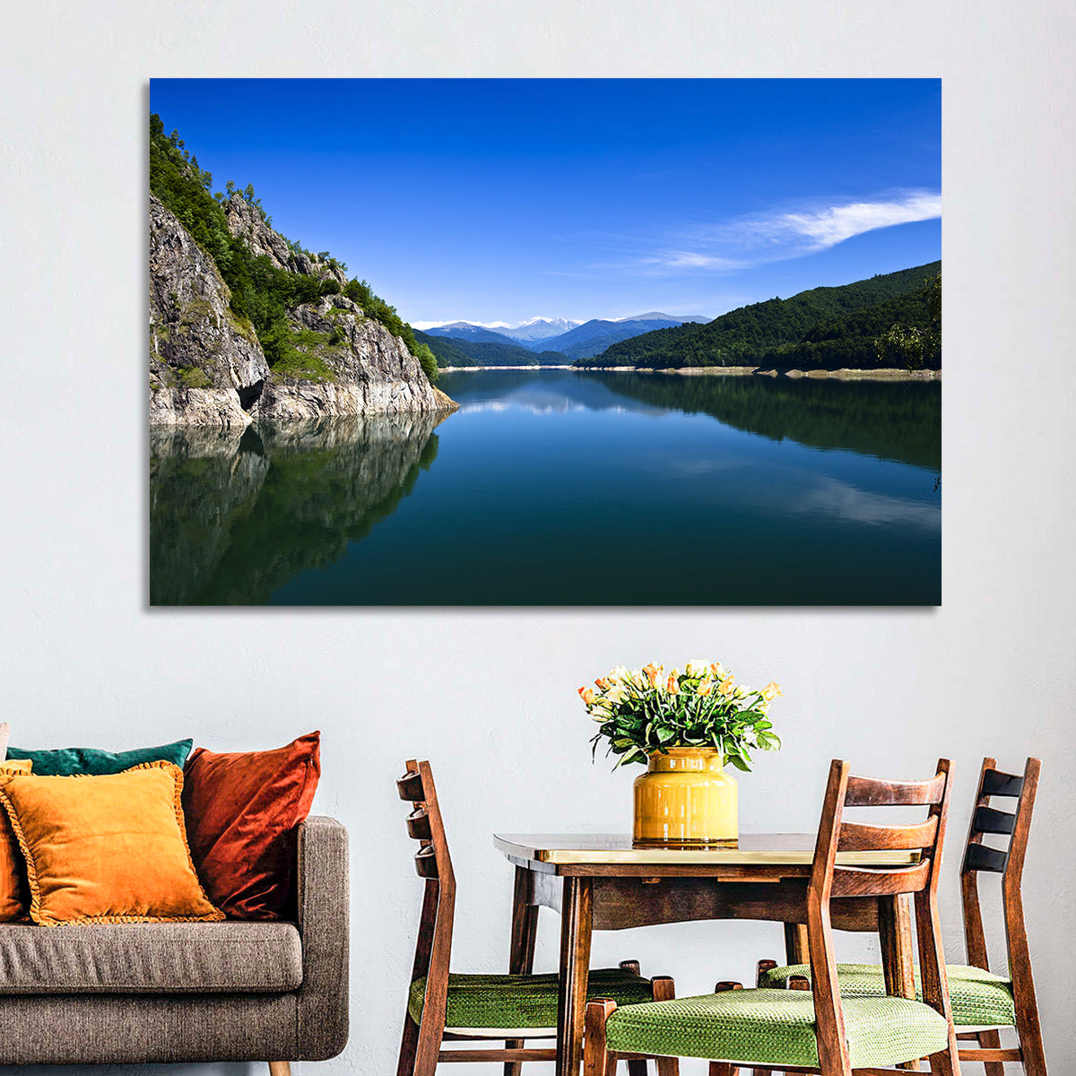 Calm Mountain Lake Reflection Wall Art in a room, landscape