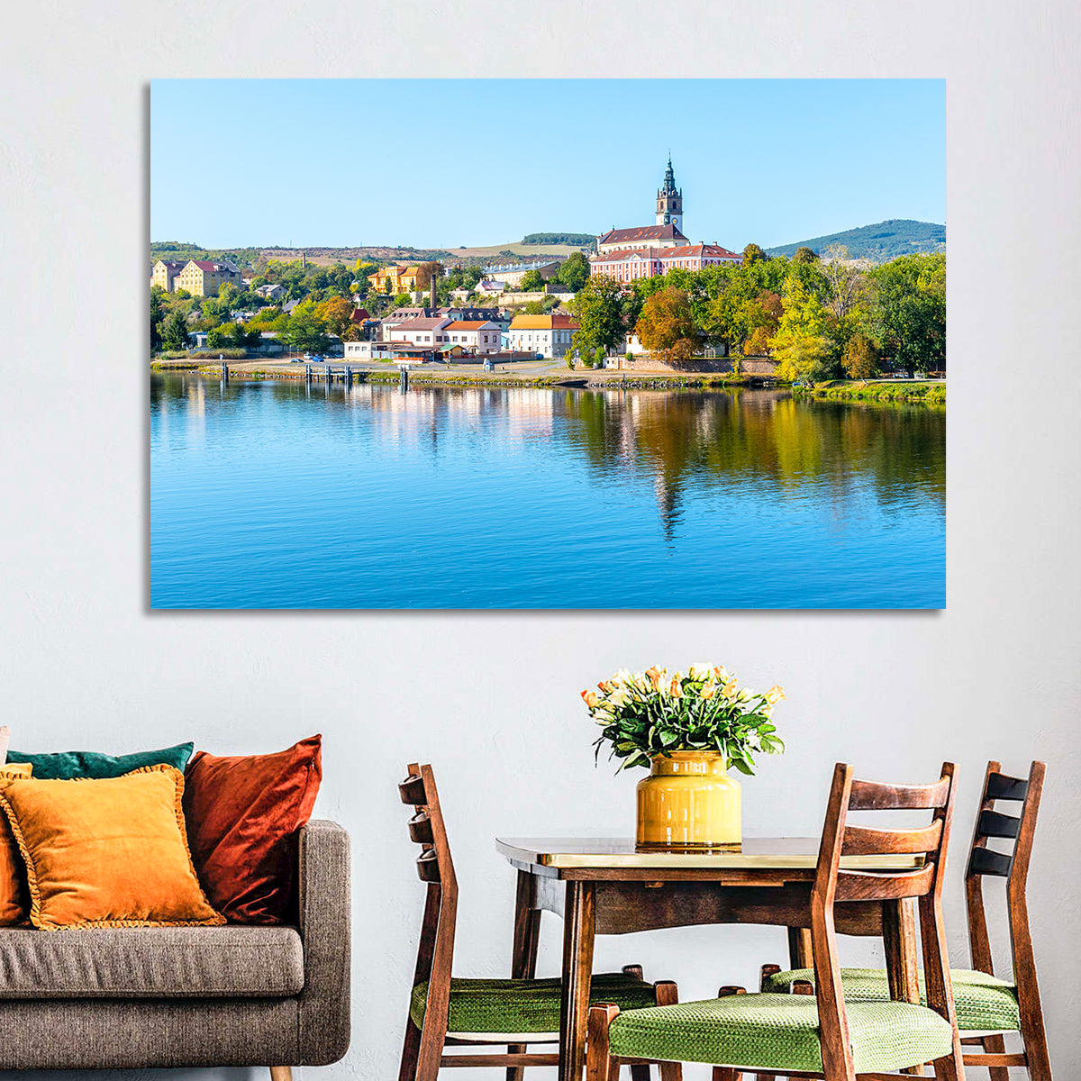 Roudnice Castle Riverbank Reflections Wall Art in a room, landscape