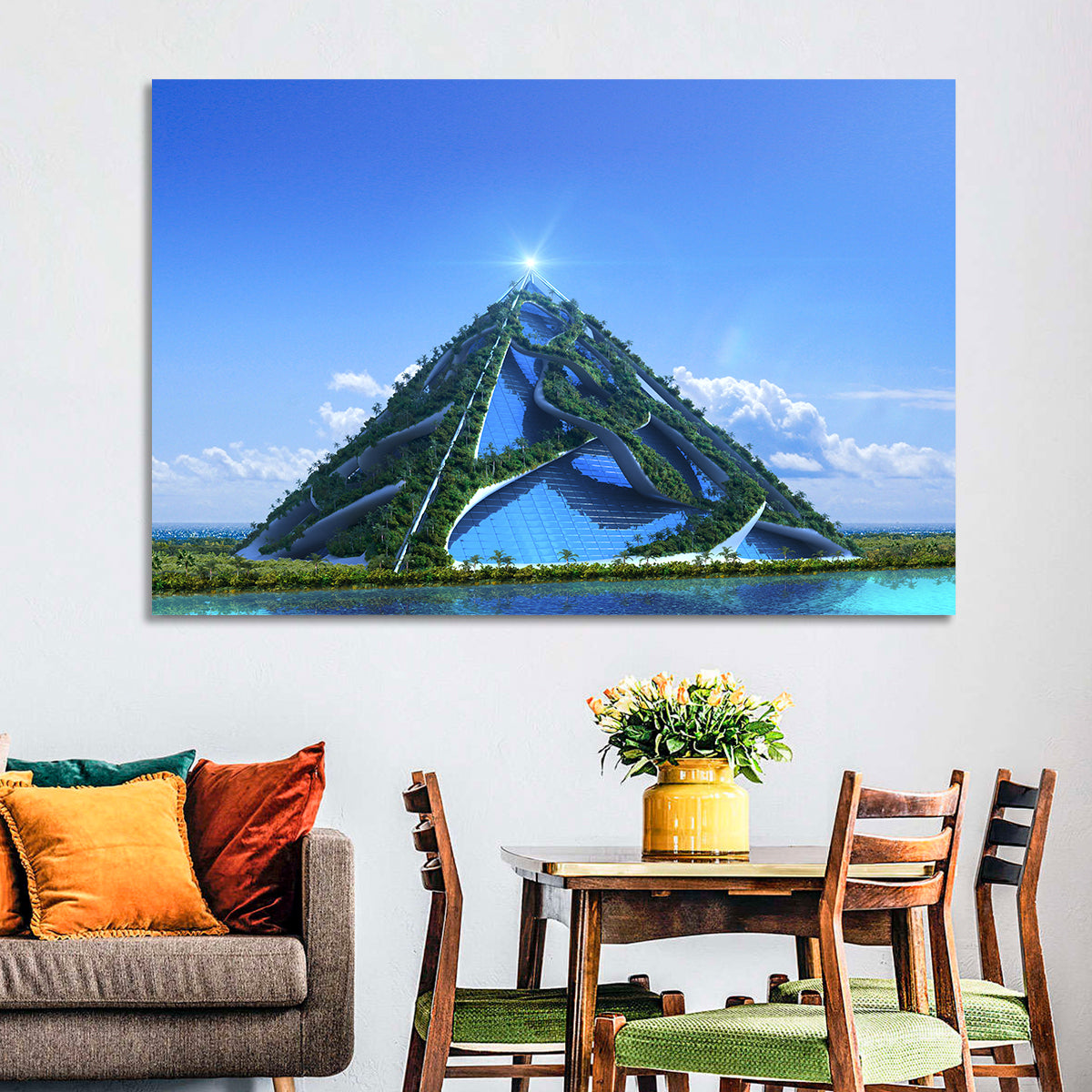 Glassy Pyramid with Gardens Wall Art in a room, landscape