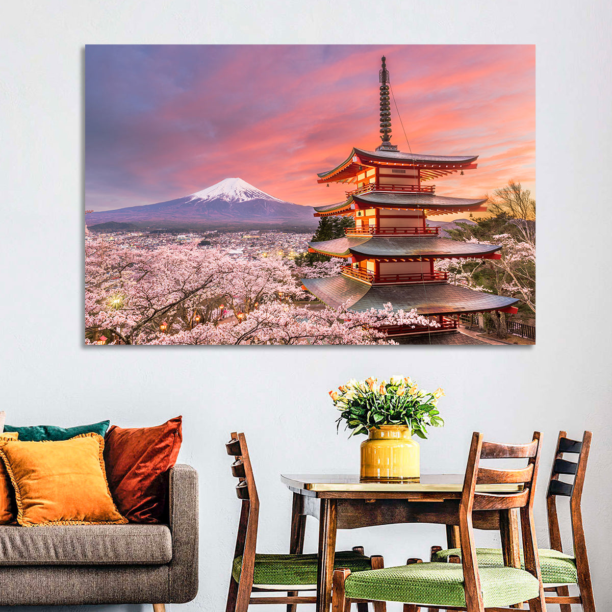 Chureito Pagoda and Mount Fuji at Sunset Wall Art in a room, landscape