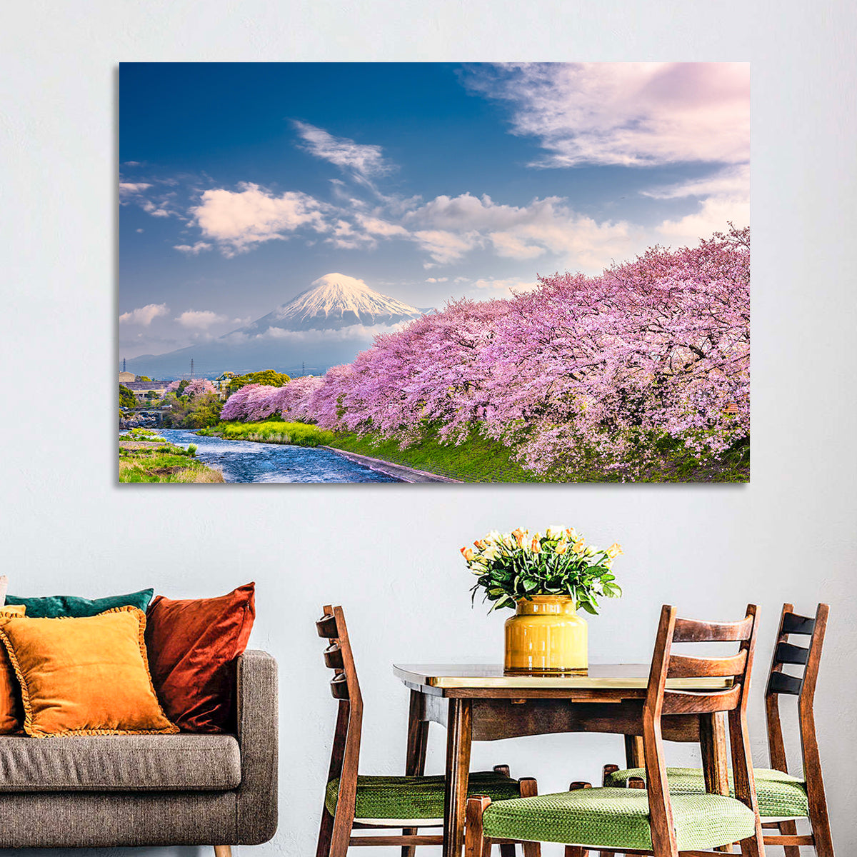Mount Fuji Cherry Blossoms Wall Art in a room, landscape