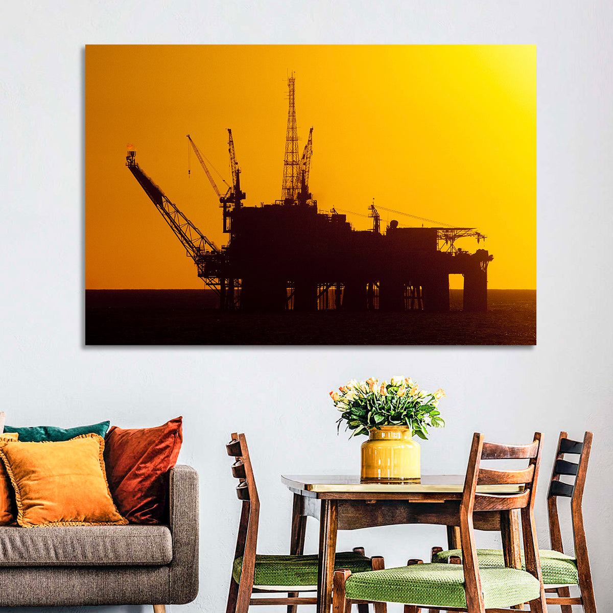 Oil Rig Silhouette at Sunset Wall Art in a room, landscape