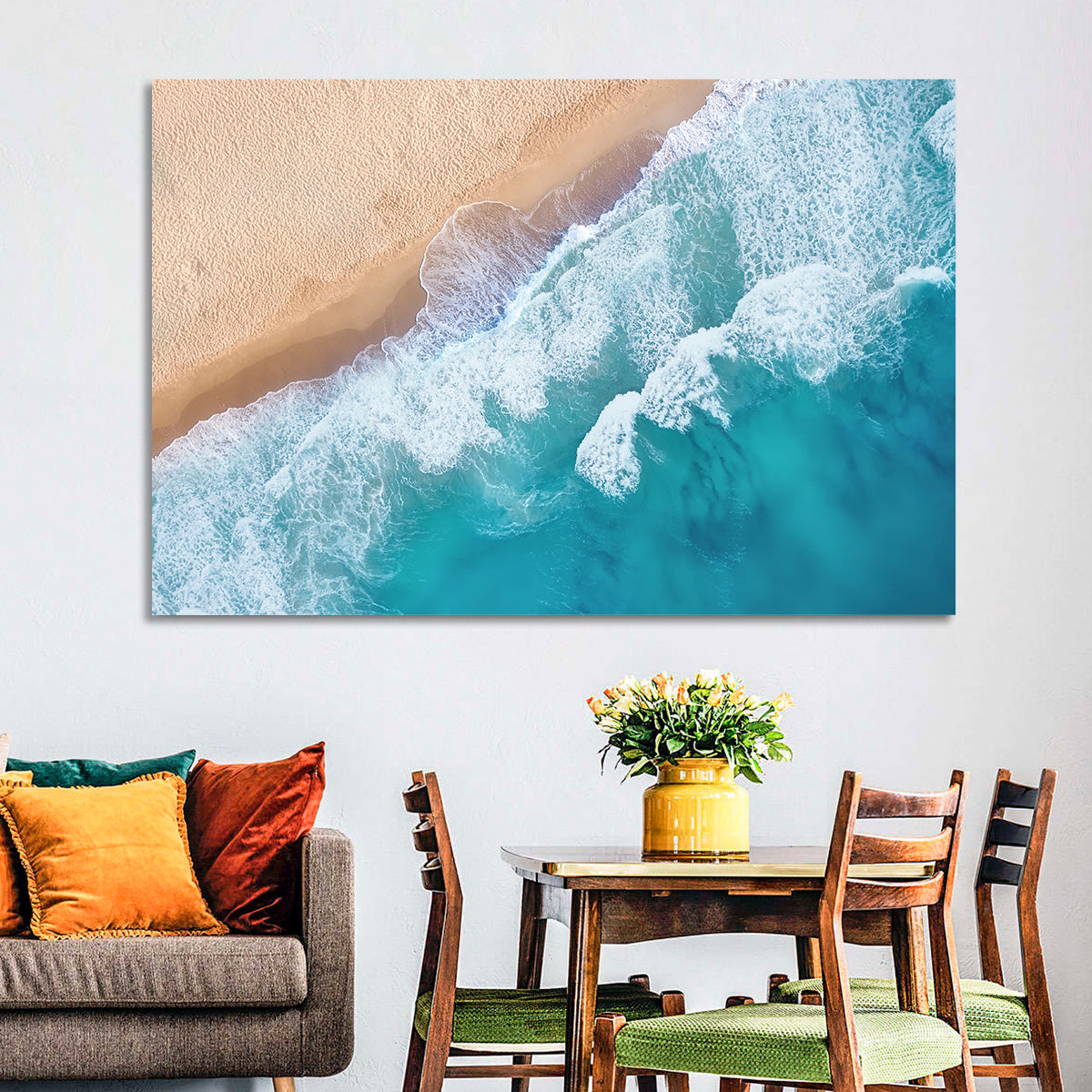 Aerial Turquoise Beach Waves Wall Art in a room, landscape