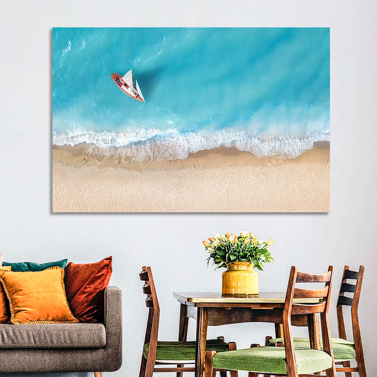 Centered Sailboat Over Turquoise Sea Wall Art