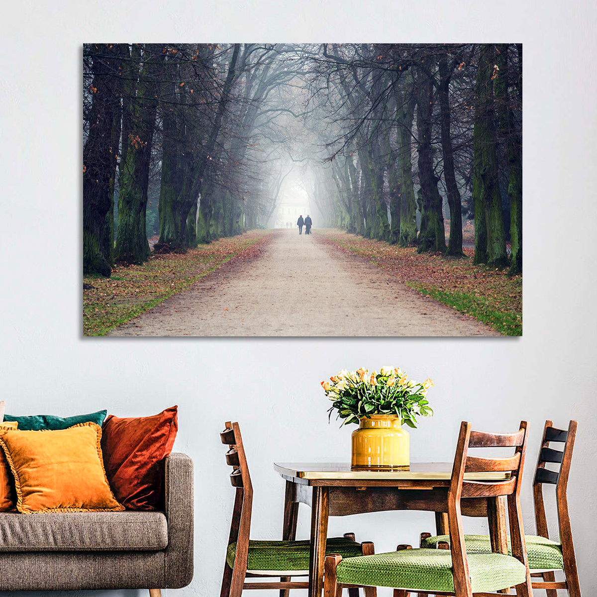 Foggy Tree Lined Walkway in Autumn Wall Art in a room, landscape