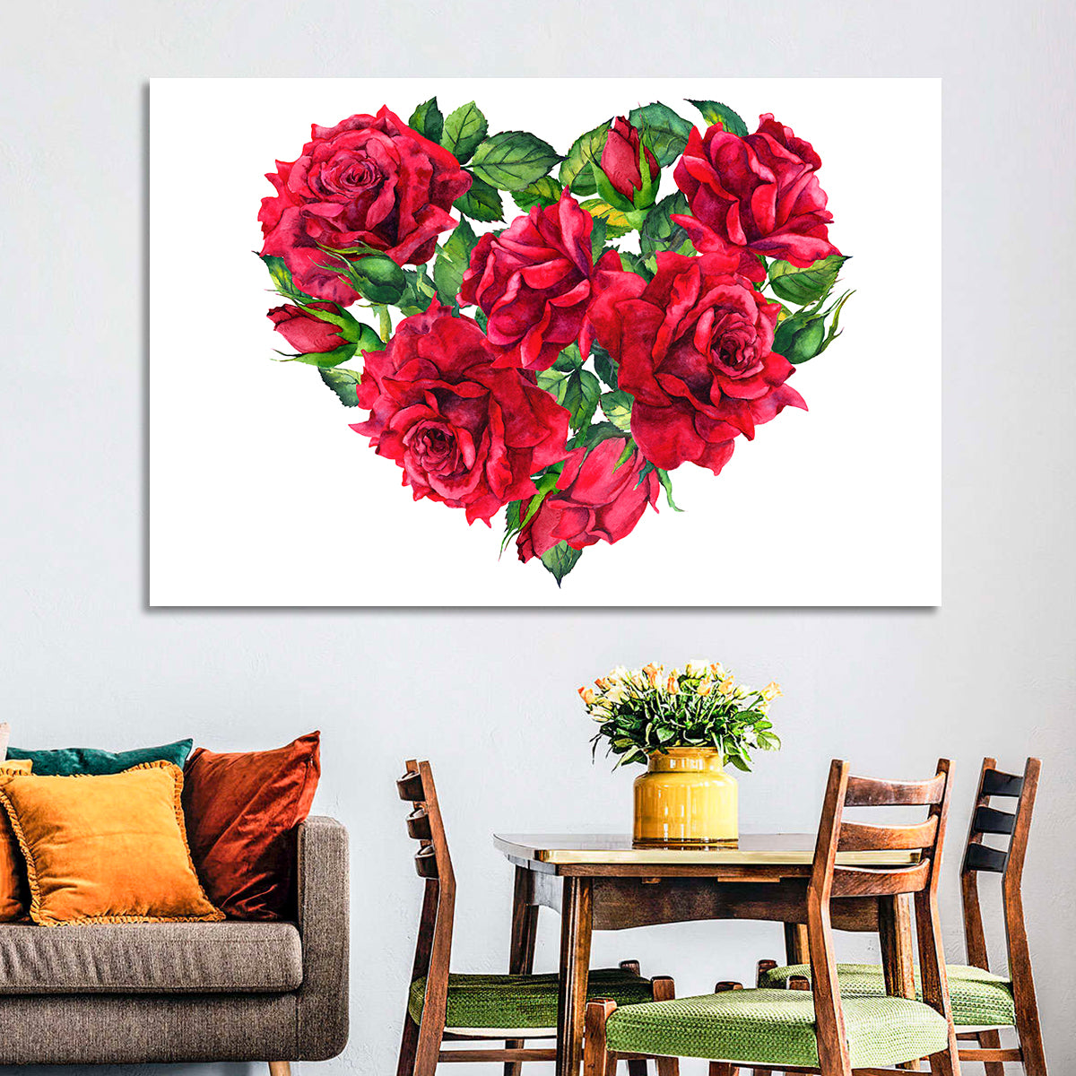 Watercolor Rose Heart Wall Art in a room, landscape