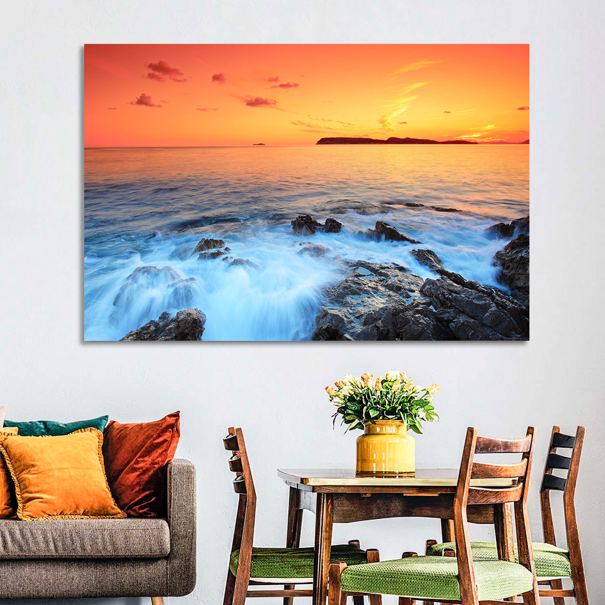 Dubrovnik Sunset Over Rocky Shore Wall Art in a room, landscape